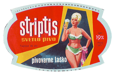 STRIPTIS, polnitev se je pričela leta 1962 v času pusta. Posebno svetlo pivo, zaradi atraktivne podobe se obdrži več let.
