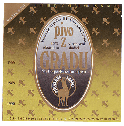 PIVO IZ GRADU, 1989, posebna polnitev,Laški golding, prodajali se je samo na gradu.