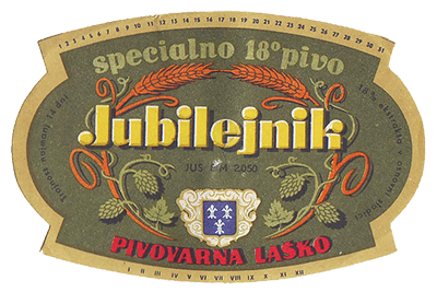 JUBILEJNIK 18 % TEMNO PIVO, izdano leta 1958 (do 1965) ob 20. letnici podšmihelske pivovarne.